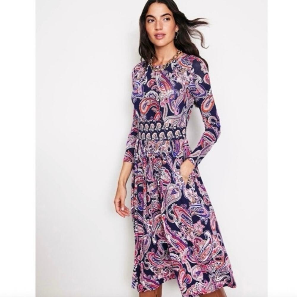 BODEN Women's 4 Thea Long Sleeve Jersey Midi Dress Pockets Paisley Navy